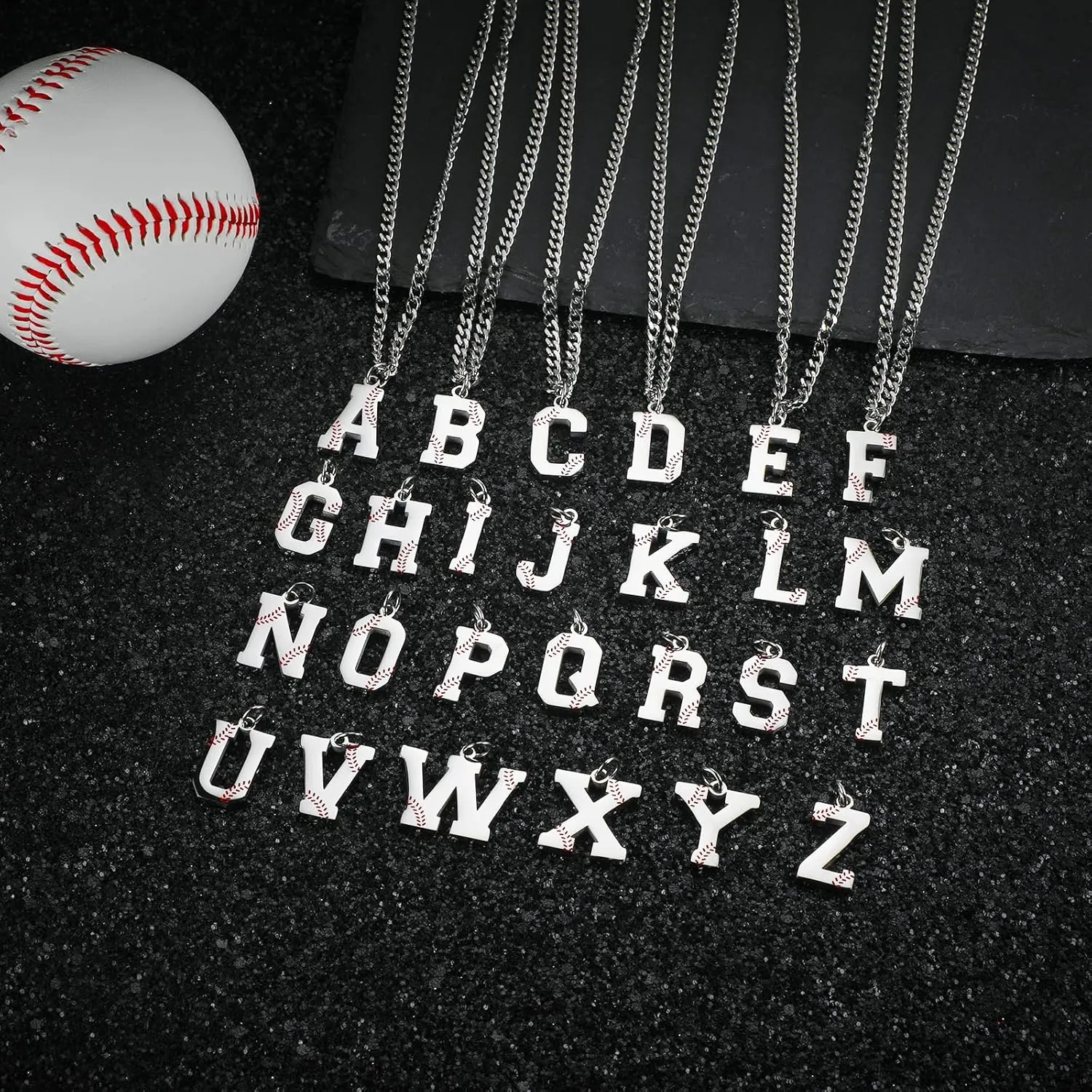 AIAINAGI Baseball Initial A-Z Letter Necklace - Men's Baseball Charm Pendant in Stainless Steel Silver Chain, 22inch Personalized Gift