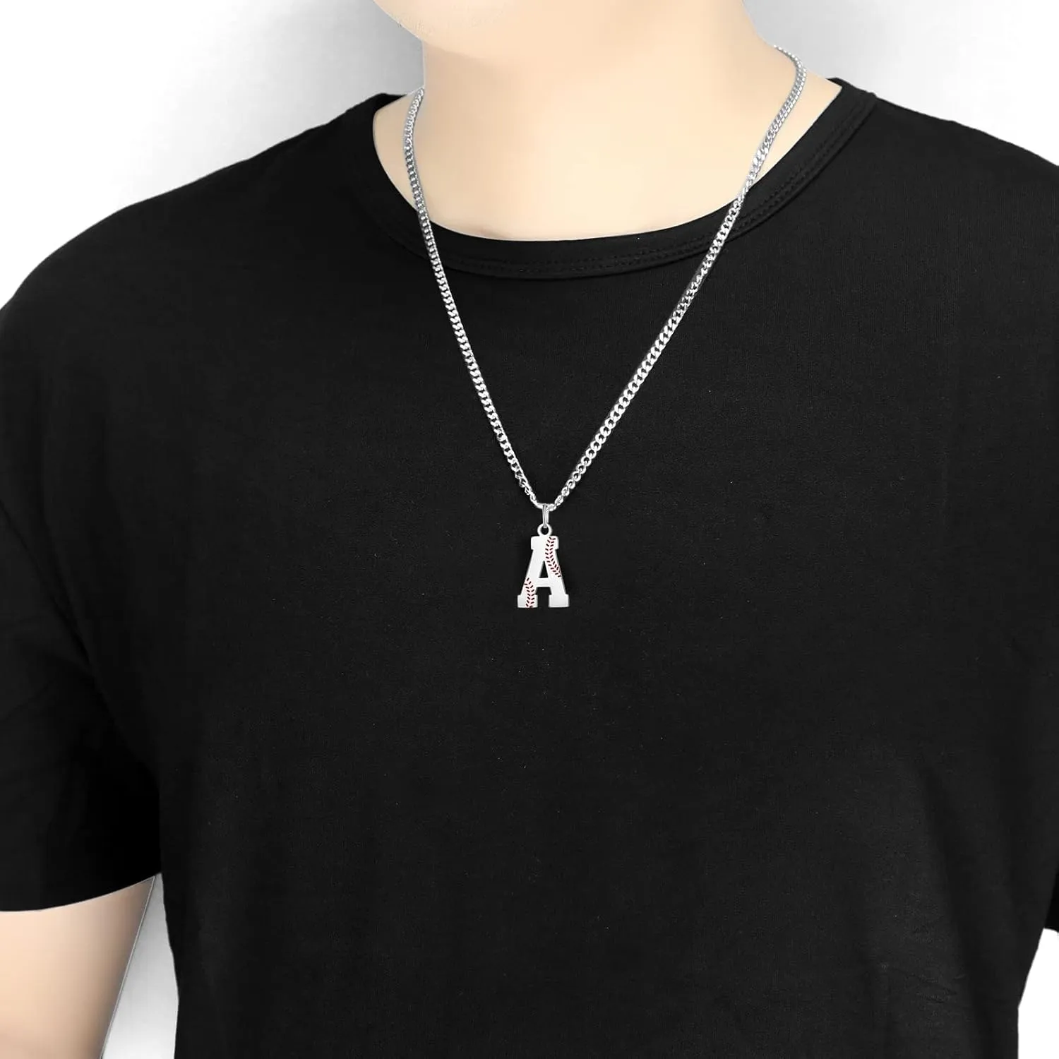 AIAINAGI Baseball Initial A-Z Letter Necklace - Men's Baseball Charm Pendant in Stainless Steel Silver Chain, 22inch Personalized Gift