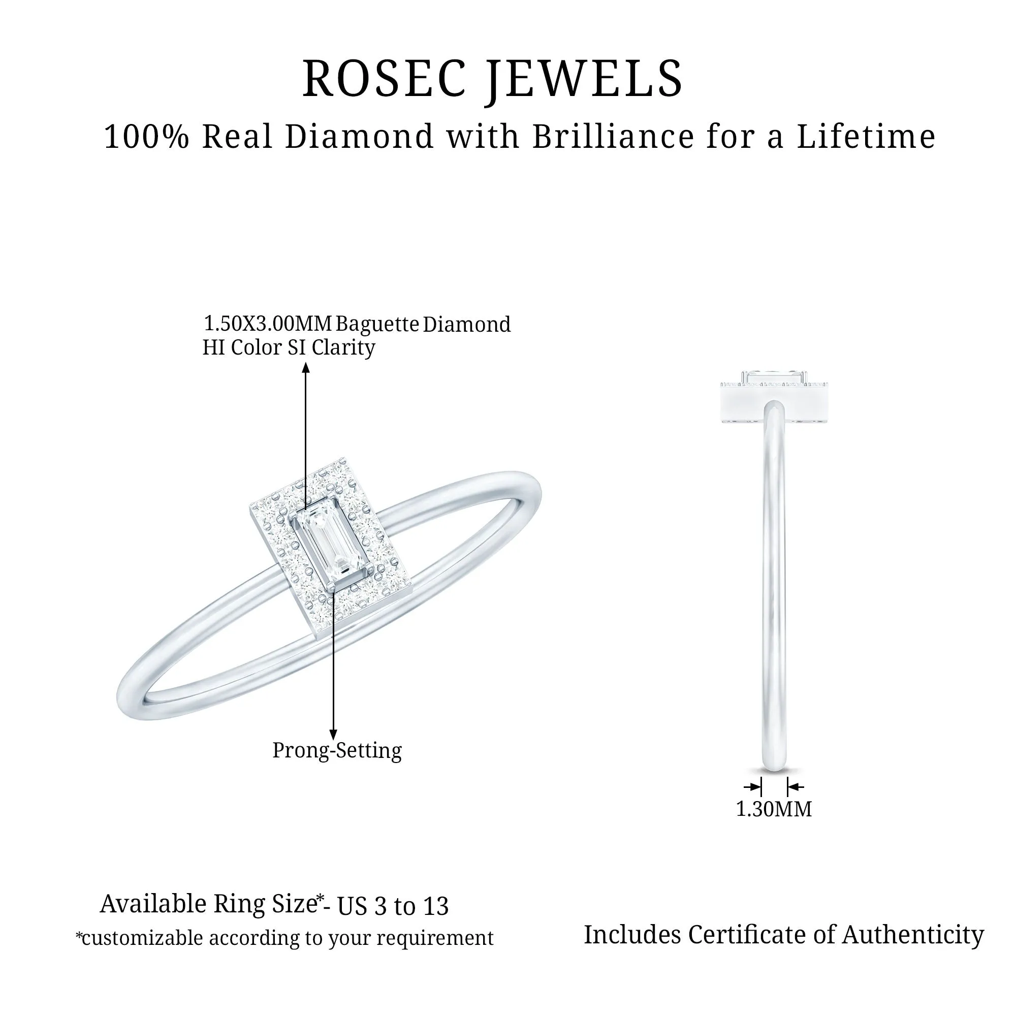 Baguette and Round Shape Diamond Dainty Ring