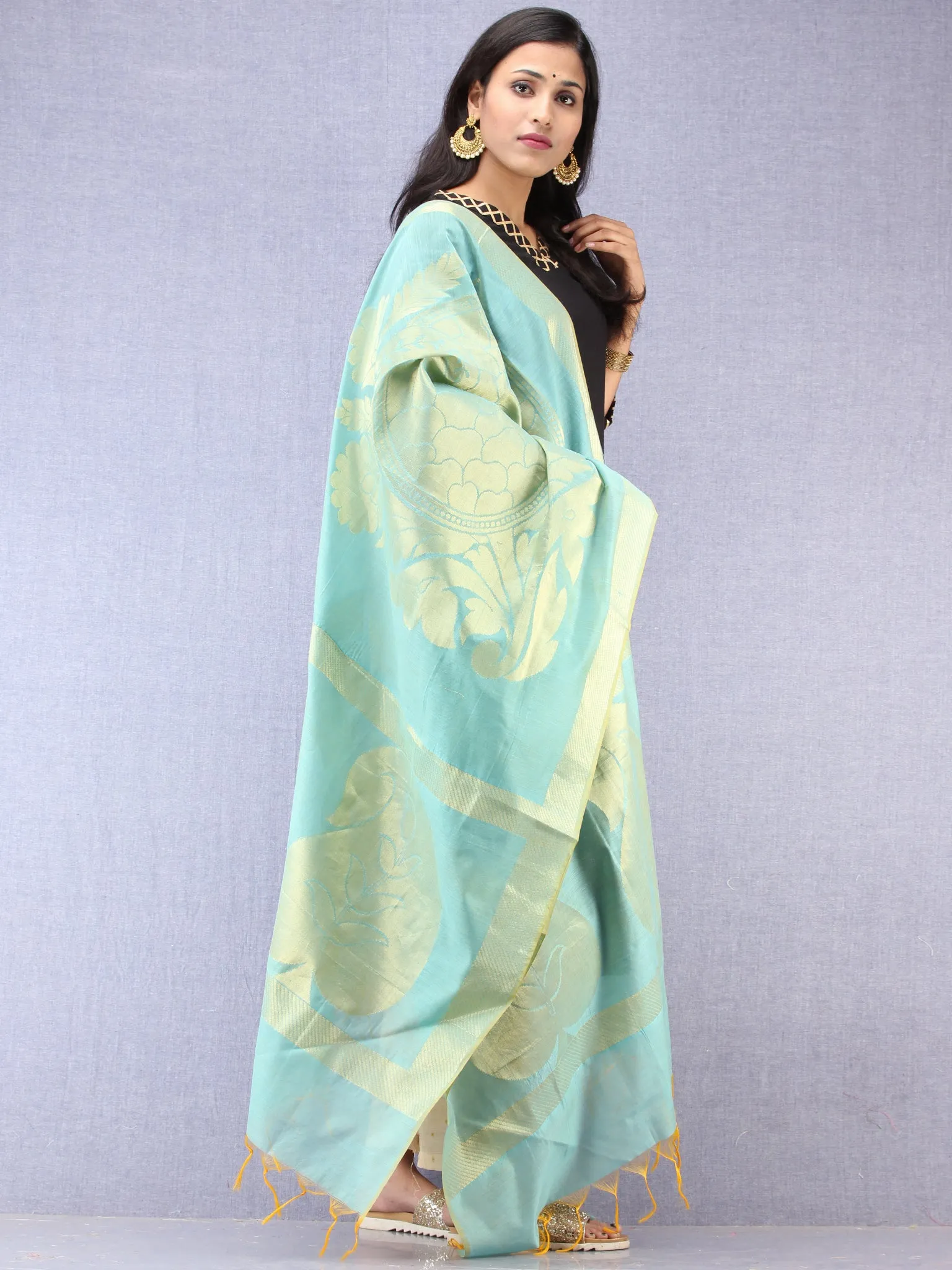 Banarasi Chanderi Dupatta With Resham Work - Sea Blue & Gold - D04170847
