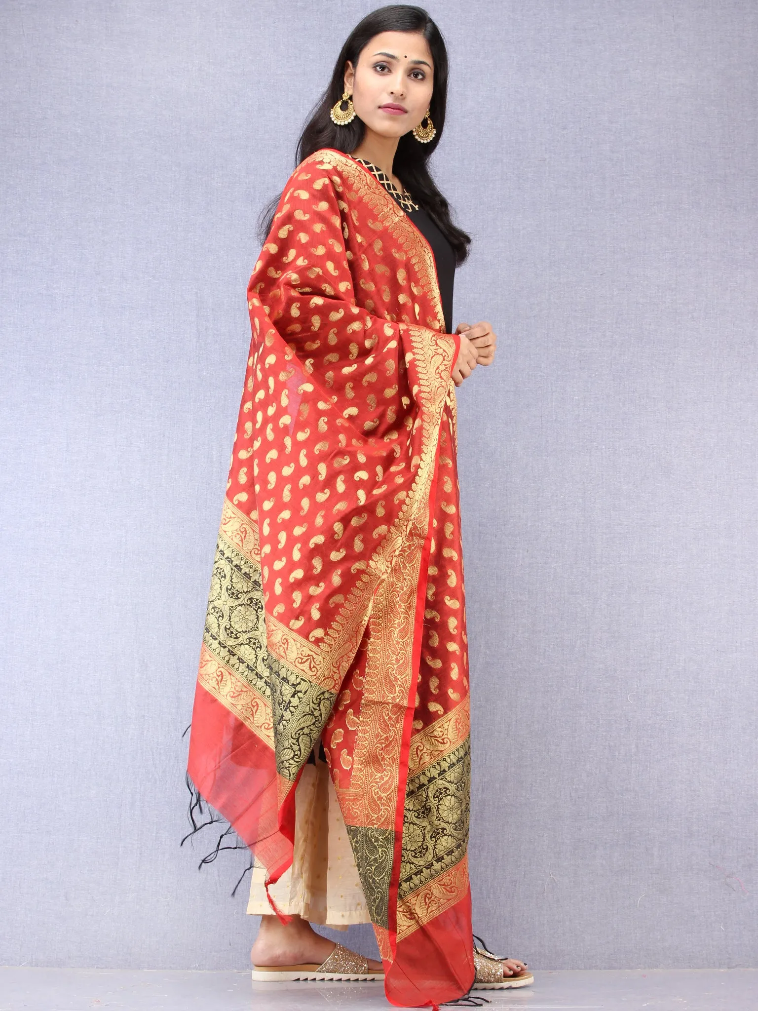 Banarasi Chanderi Dupatta With Zari Work - Red & Gold - D04170846