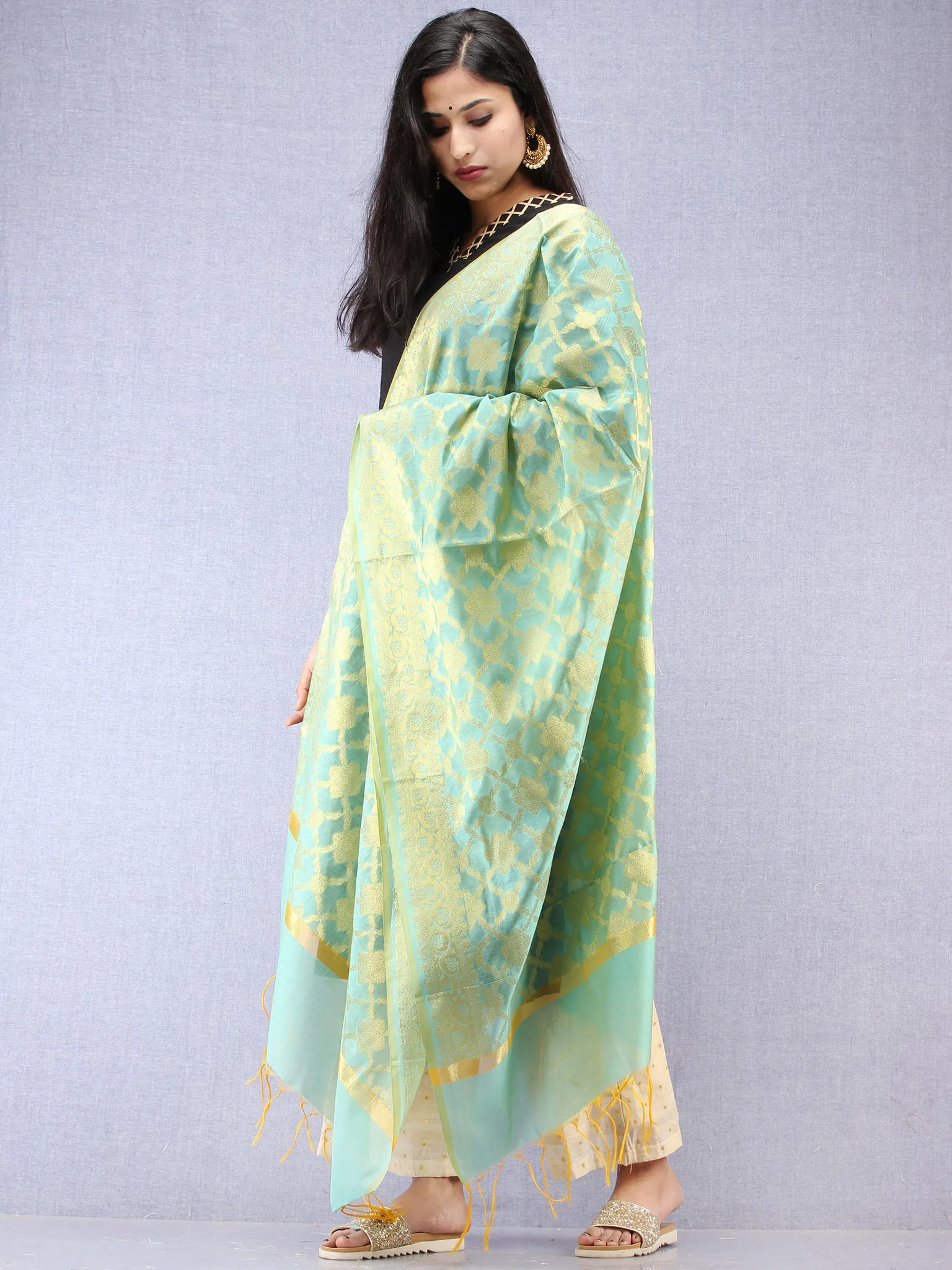 Banarasi Chanderi Dupatta With Zari Work - Sea Green & Gold - D04170856
