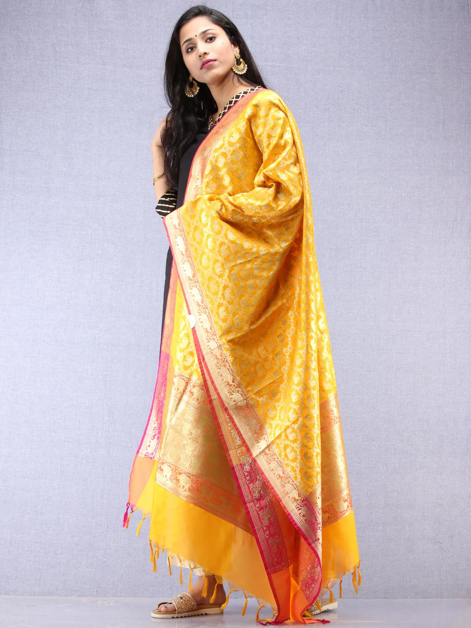 Banarasi Kanni Silk Dupatta With Zari Work - Yellow Red & Gold - D04170867