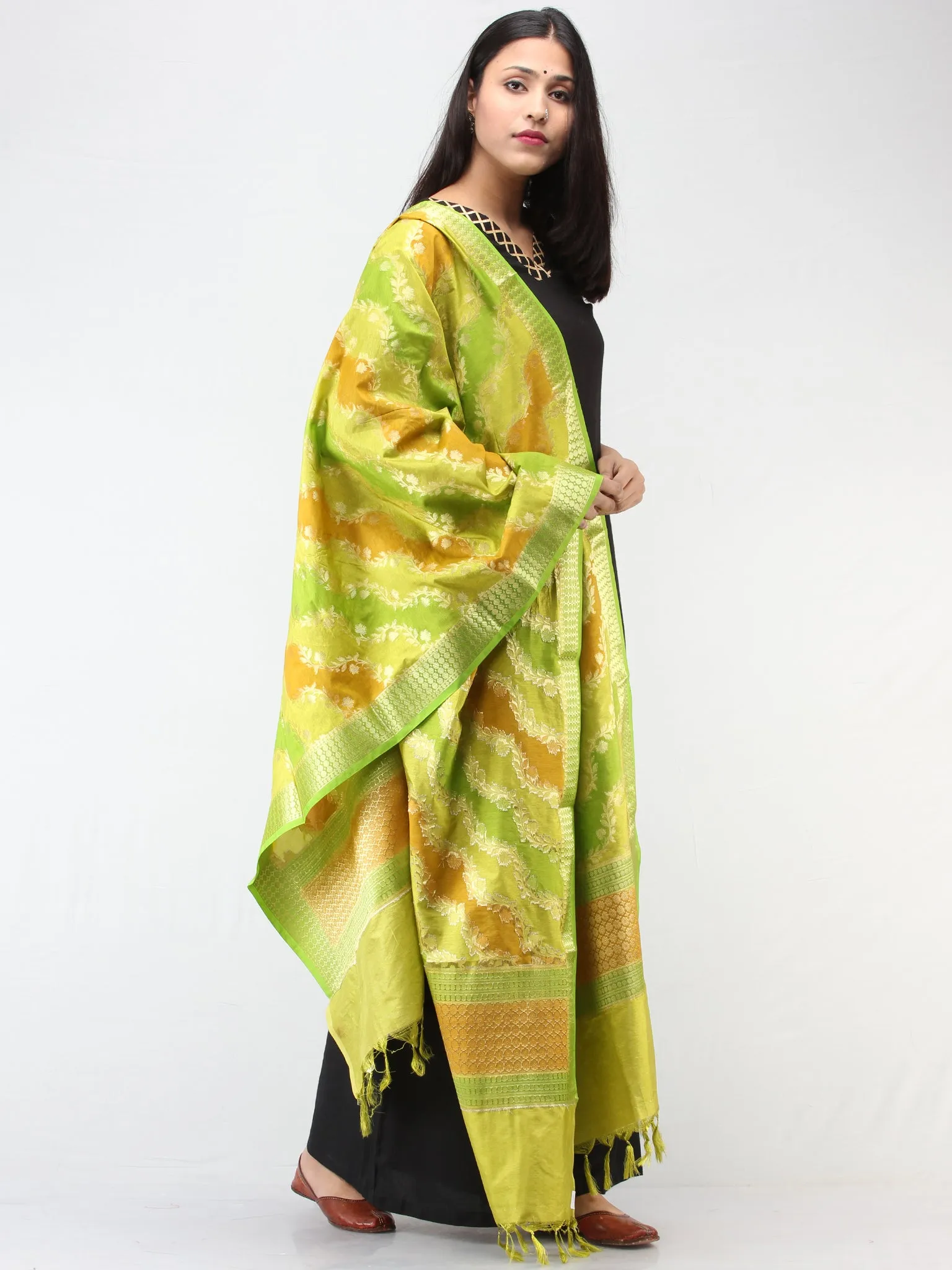 Banarasi Semi Georgette Dupatta With Zari Work -  Green & Rustic  - D04170906