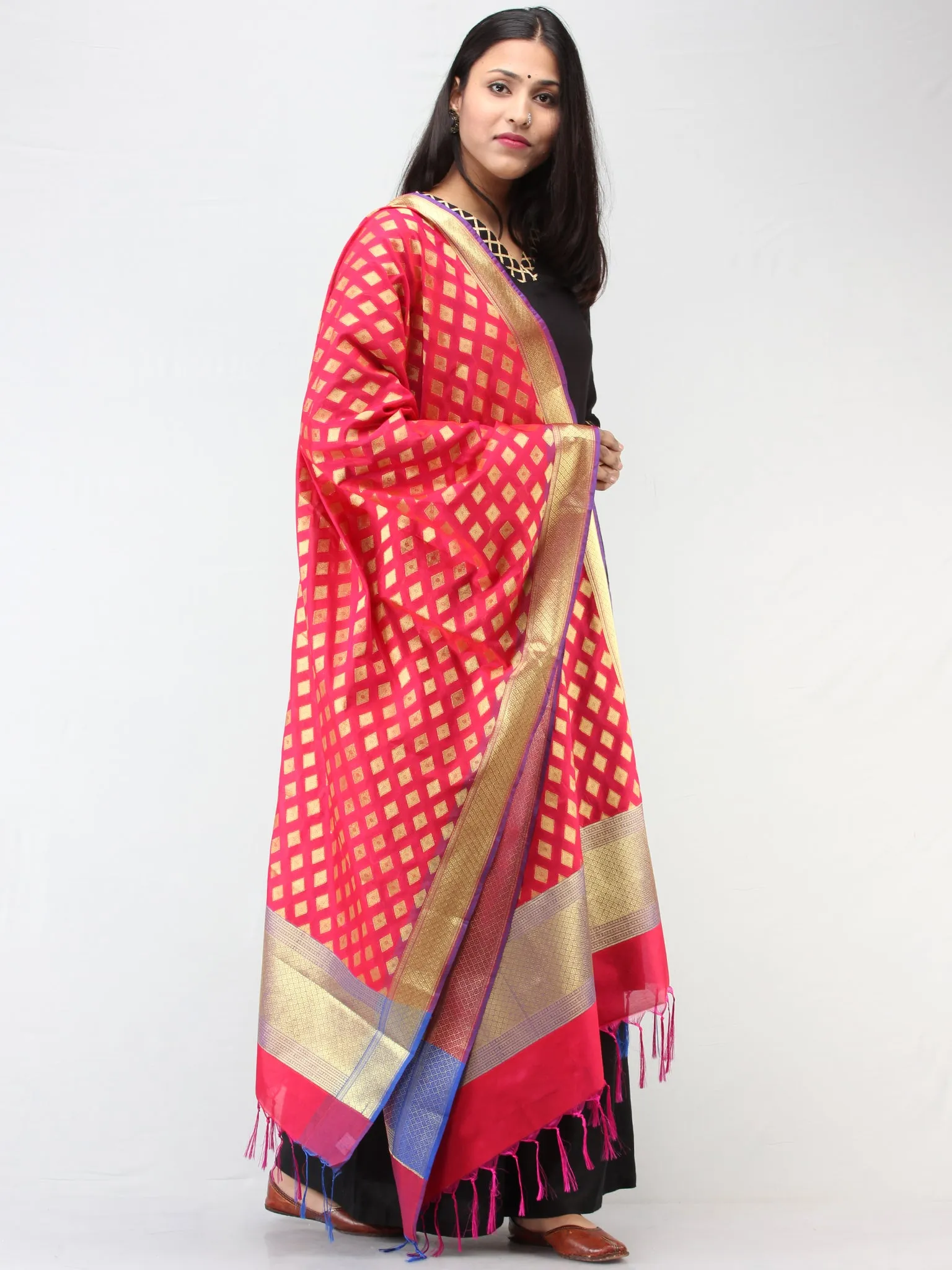 Banarasi Semi Georgette Dupatta With Zari Work - Red & Gold  - D04170927
