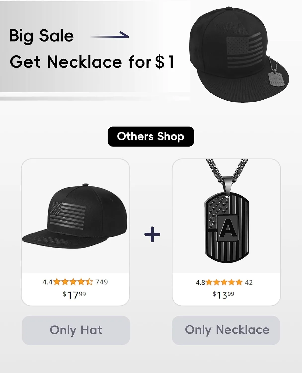 Black American Flag Hat for Men&Women, Flat&Wide Brim Fitted Hats for Men, Snapback Hats for Men with Necklace