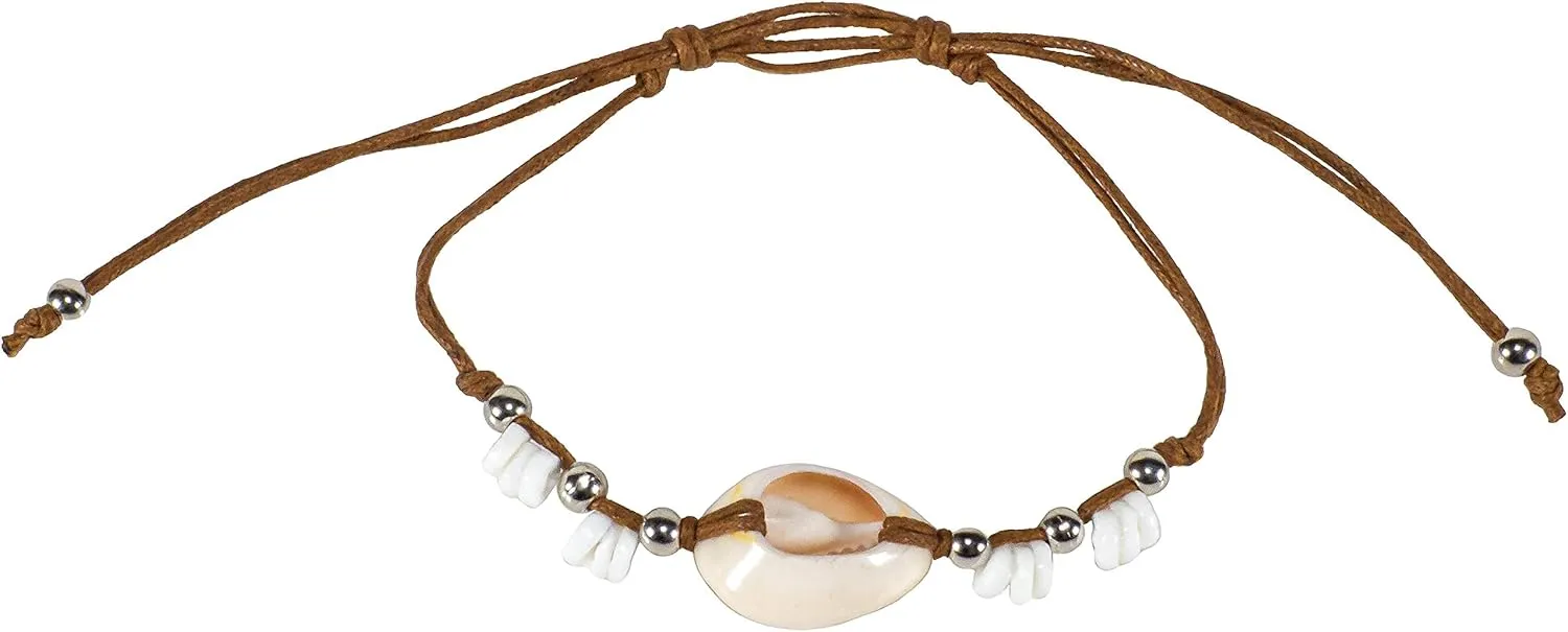 BlueRica Adjustable Cord Anklet Bracelet with Colored Beads & Cowrie Shell Pendant