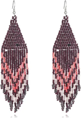 Bohemian Long Tassel Statement Beaded Drop Earring Colorful Handmade Boho Seeds Beads Fringe Dangle Earrings for Women Ethnic Holiday Jewelry Gift