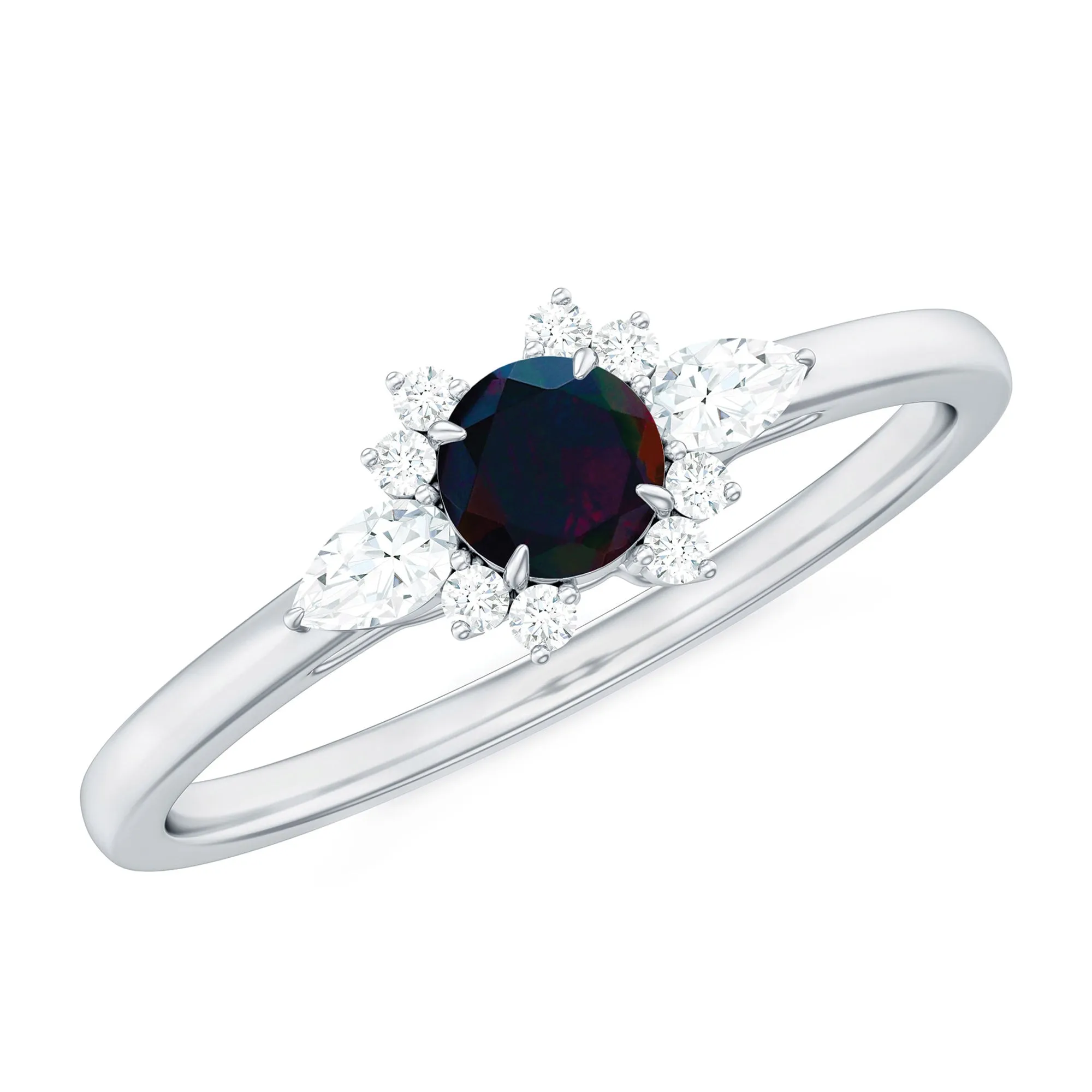 Claw Set Round Black Opal and Diamond Promise Ring