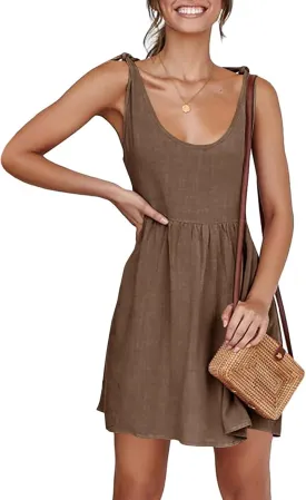 CNJFJ Womens Summer Shoulder Tie Strap Babydoll Dress Casual Scoop Neck A-Line Skater Swing Mini Sundress