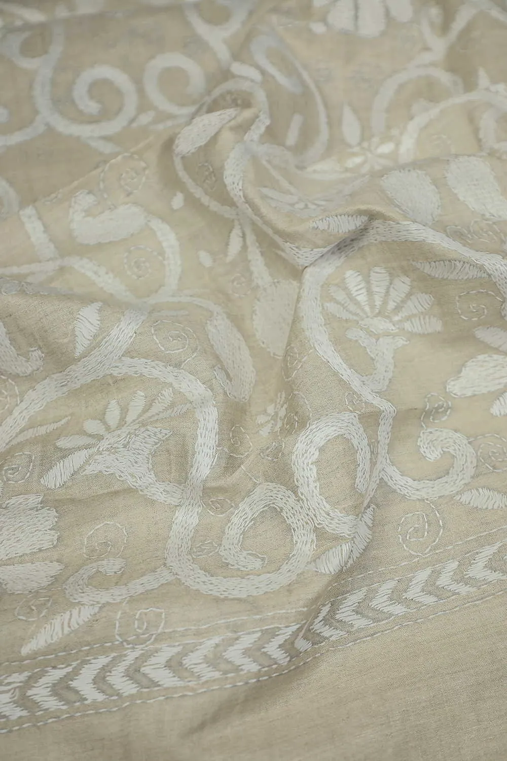 Cream Garden Kantha Silk Dupatta