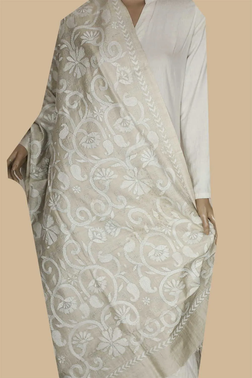 Cream Garden Kantha Silk Dupatta