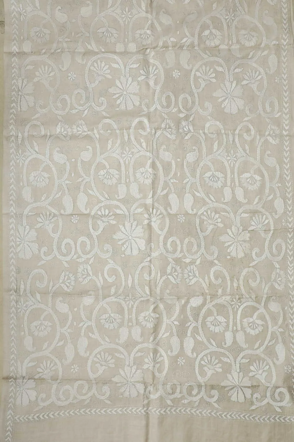 Cream Garden Kantha Silk Dupatta