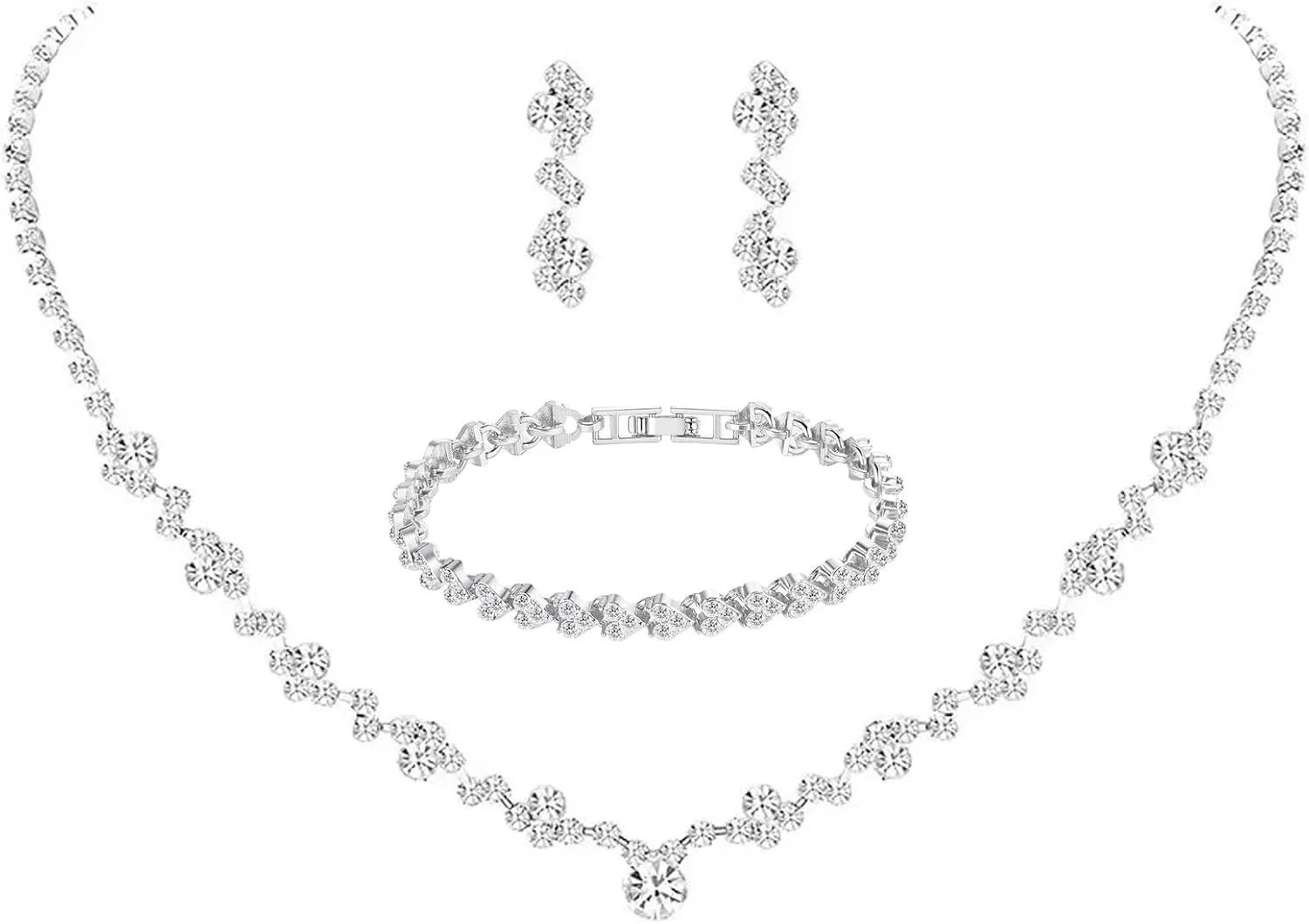 Crystal Wedding Jewelry Set, Silver Necklace Earrings Bracelet Crystal Bridal Wedding Jewelry Sets for Brides Bridesmaid Prom Costume Accessories