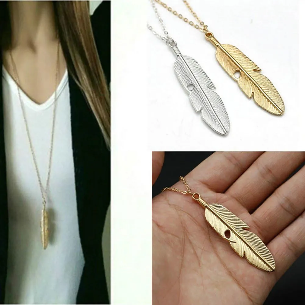 CSIYANJRY99 Long Feather Necklaces for Women Boho Gold Silver Leaf Pendant Sweater Chain Necklace