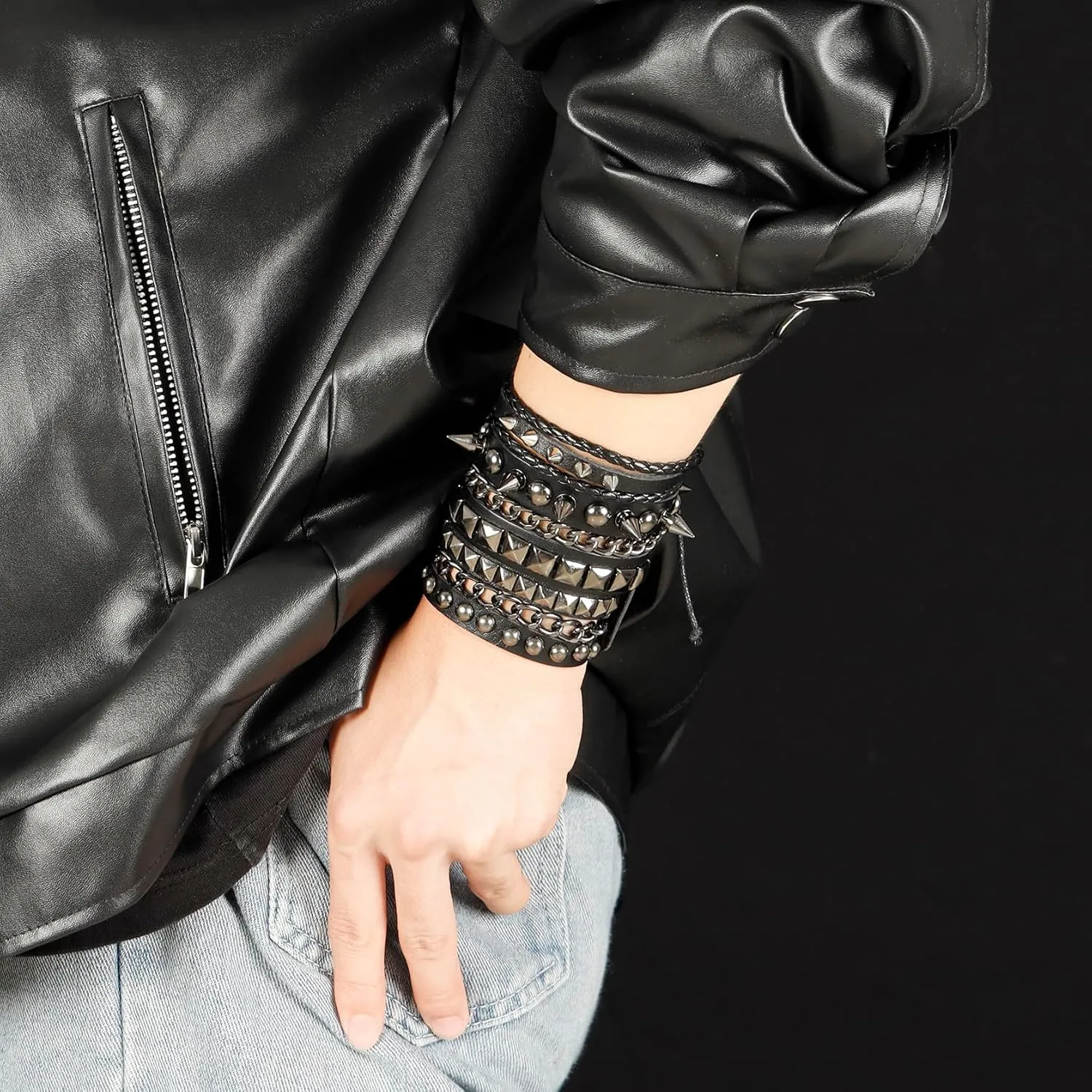 Eigso Leather Punk Rock Cuff Bracelets for Men Women Retro Vintage Chain 80s Wristband Set for Man Woman