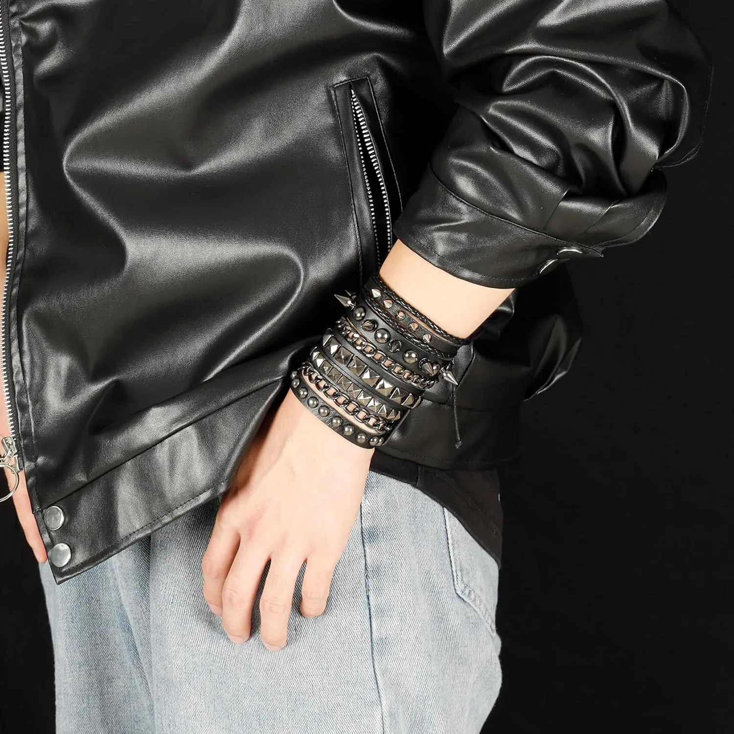 Eigso Leather Punk Rock Cuff Bracelets for Men Women Retro Vintage Chain 80s Wristband Set for Man Woman