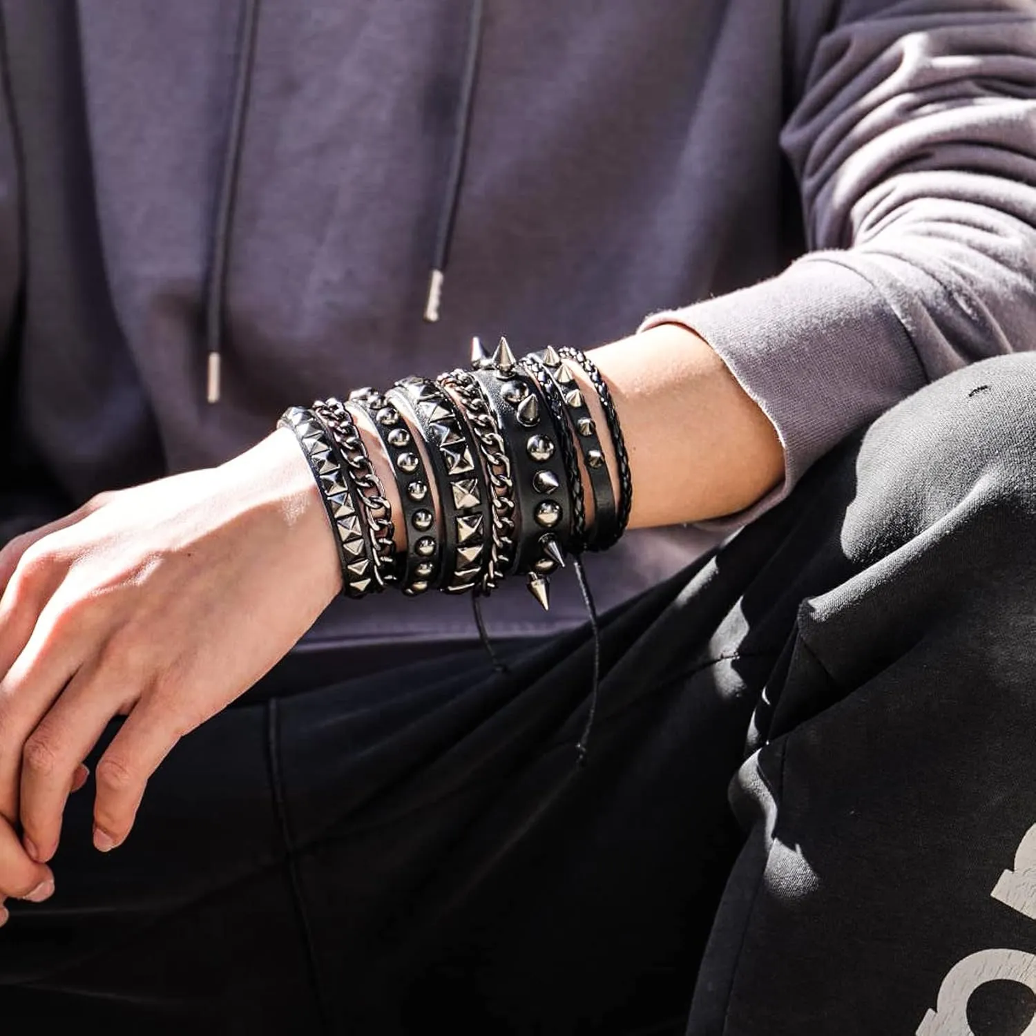 Eigso Leather Punk Rock Cuff Bracelets for Men Women Retro Vintage Chain 80s Wristband Set for Man Woman