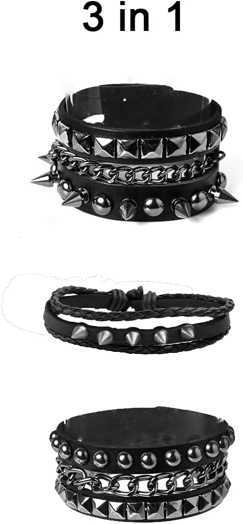 Eigso Leather Punk Rock Cuff Bracelets for Men Women Retro Vintage Chain 80s Wristband Set for Man Woman