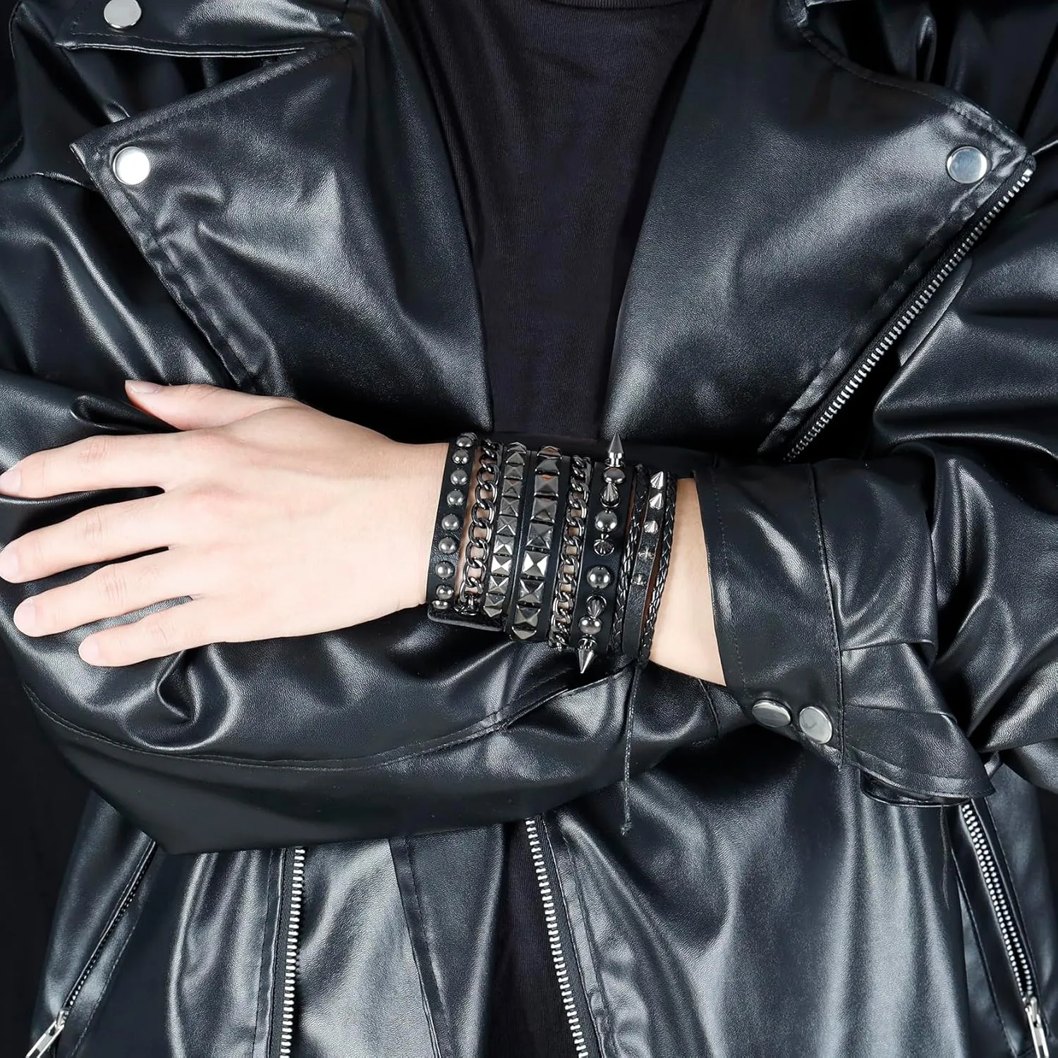 Eigso Leather Punk Rock Cuff Bracelets for Men Women Retro Vintage Chain 80s Wristband Set for Man Woman
