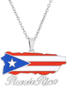 Fashion Stainless Steel Puerto Rico Map Pendant Country Flag Pattern Necklace
