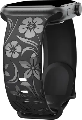Floral Engraved Band Compatible with Apple Watch Band 38mm 40mm 41mm 42mm 44mm 45mm 46mm 49mm, Designer Silicone Glossy Wildflower Strap for iWatch Band Series Ultra 10 9 8 7 6 SE 5 4 3 2 1
