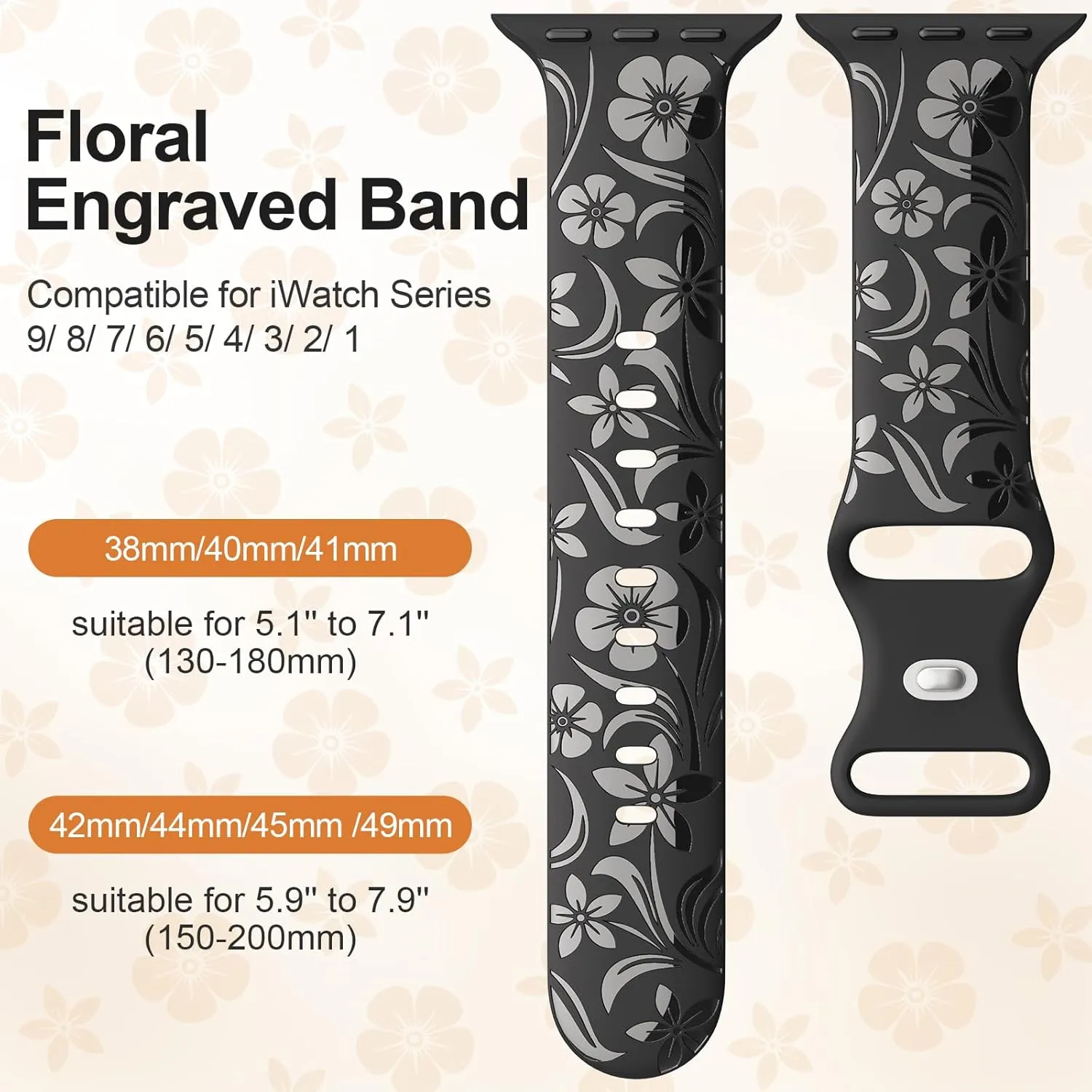 Floral Engraved Band Compatible with Apple Watch Band 38mm 40mm 41mm 42mm 44mm 45mm 46mm 49mm, Designer Silicone Glossy Wildflower Strap for iWatch Band Series Ultra 10 9 8 7 6 SE 5 4 3 2 1