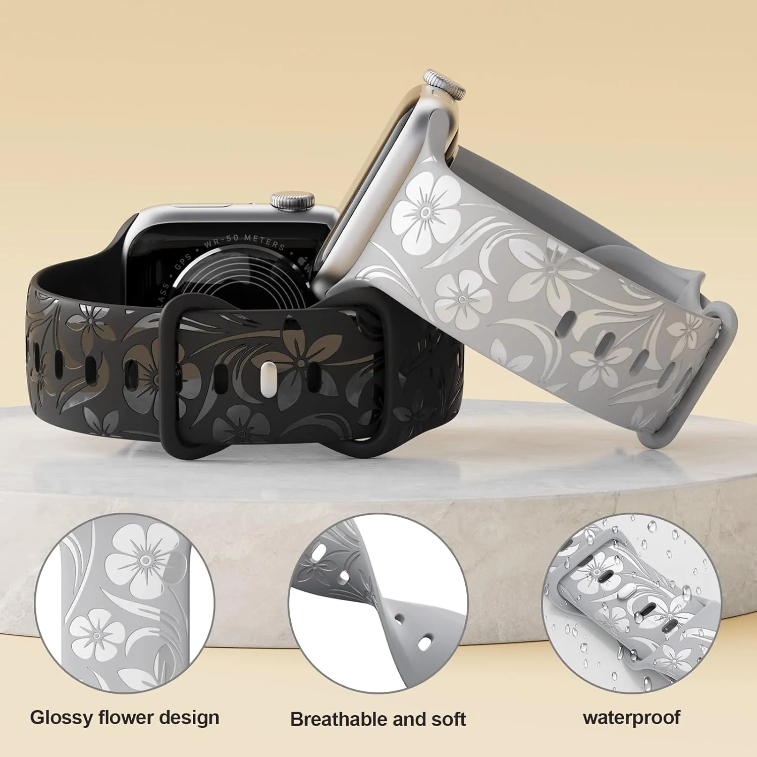 Floral Engraved Band Compatible with Apple Watch Band 38mm 40mm 41mm 42mm 44mm 45mm 46mm 49mm, Designer Silicone Glossy Wildflower Strap for iWatch Band Series Ultra 10 9 8 7 6 SE 5 4 3 2 1