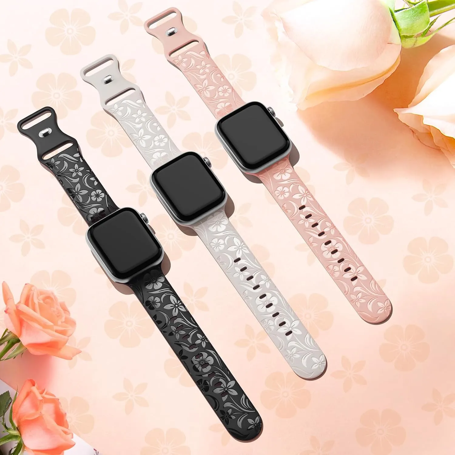 Floral Engraved Band Compatible with Apple Watch Band 38mm 40mm 41mm 42mm 44mm 45mm 46mm 49mm, Designer Silicone Glossy Wildflower Strap for iWatch Band Series Ultra 10 9 8 7 6 SE 5 4 3 2 1