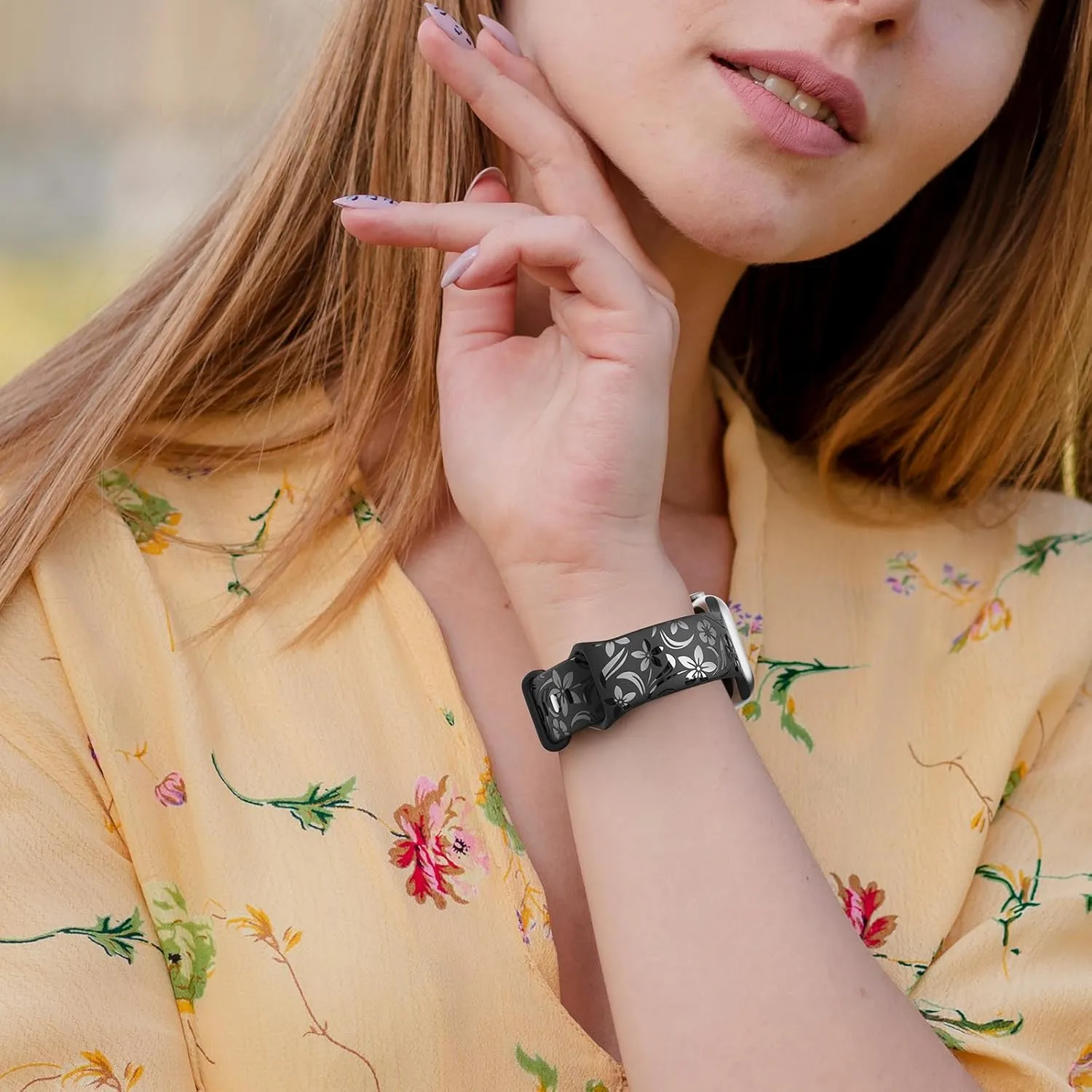 Floral Engraved Band Compatible with Apple Watch Band 38mm 40mm 41mm 42mm 44mm 45mm 46mm 49mm, Designer Silicone Glossy Wildflower Strap for iWatch Band Series Ultra 10 9 8 7 6 SE 5 4 3 2 1