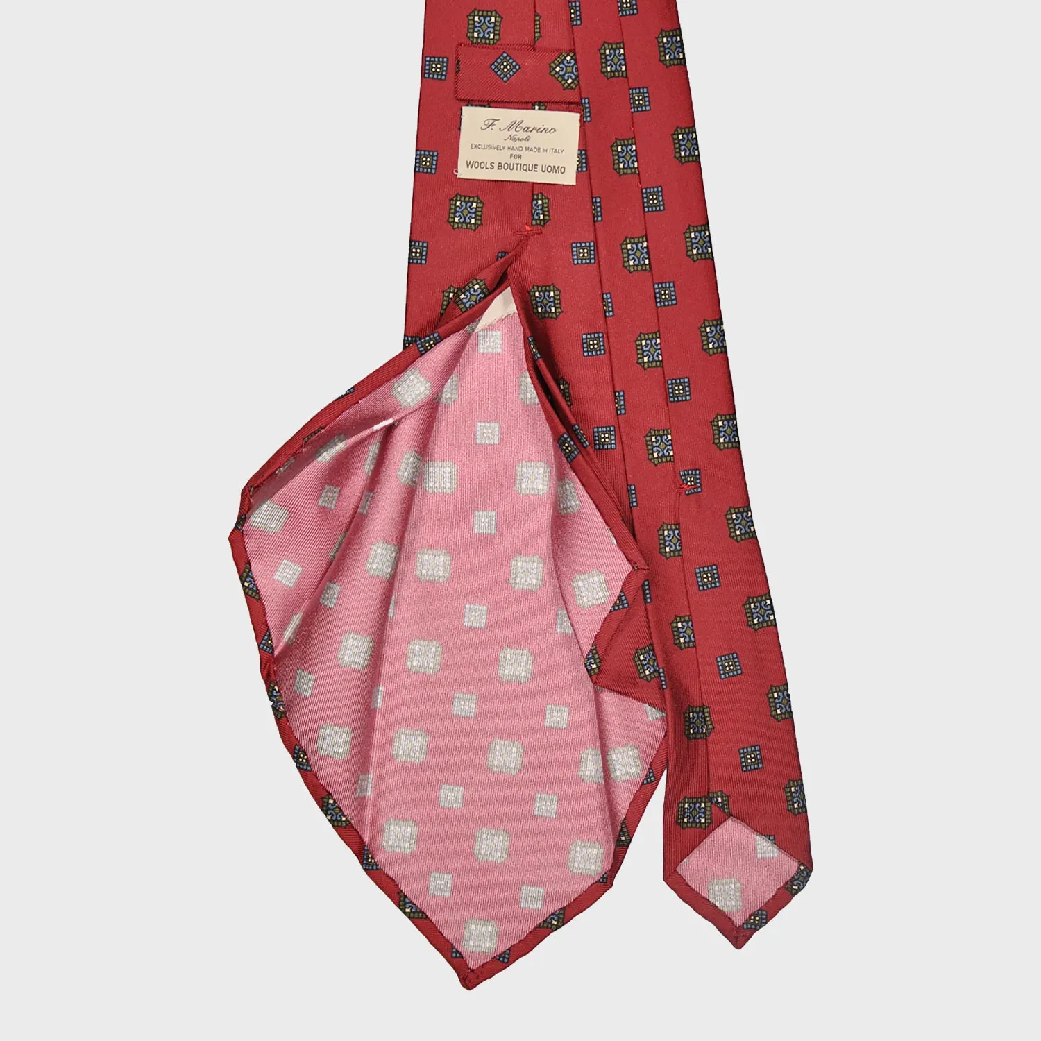 F.Marino Silk Tie 7 Folds Medallions Brick Red