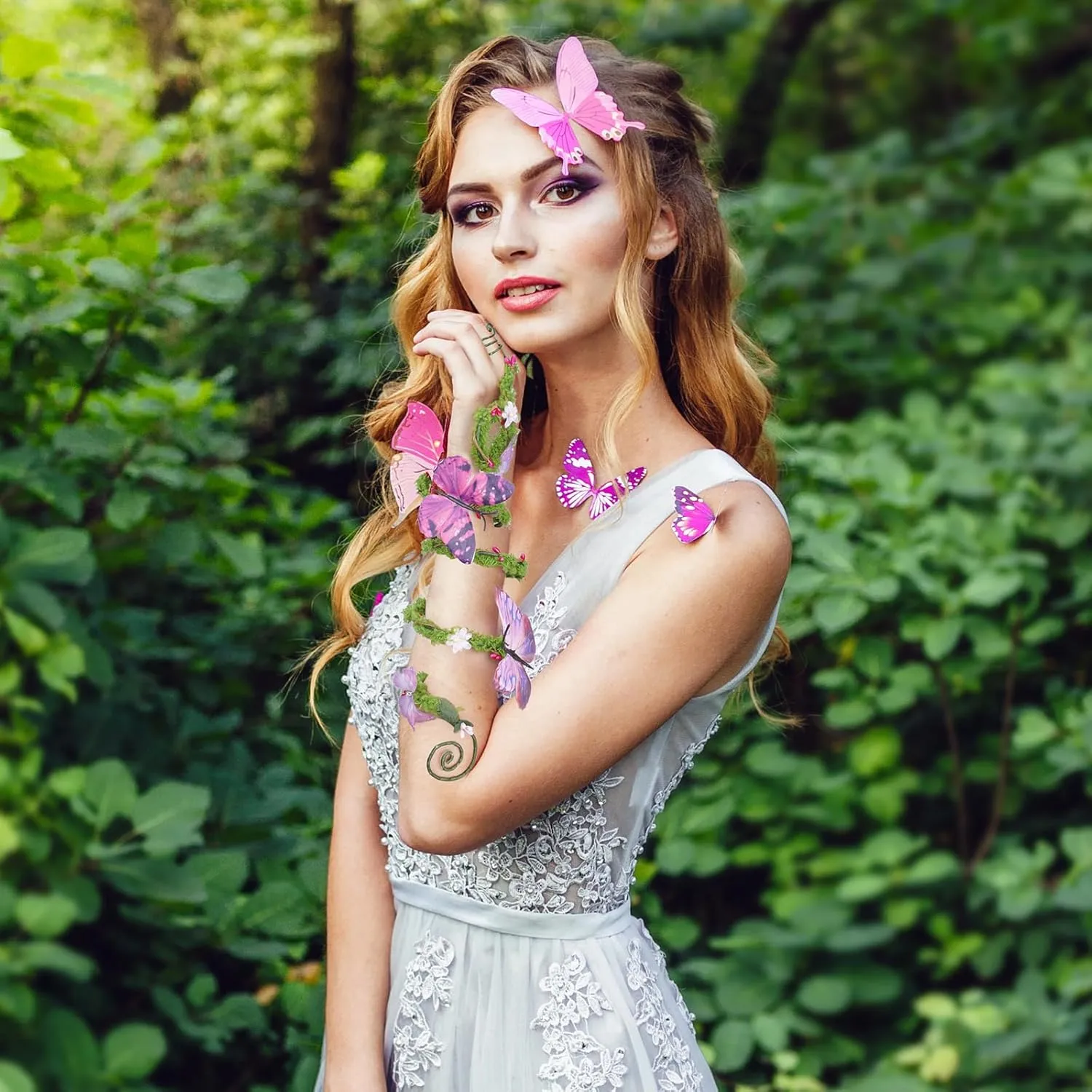 FRESHME Renaissance Fairy Butterfly Arm Wrap - 1 PC Pink Purple Butterfly Elf Bracelet with Wrap Ring Moss Arm Wrap Poison Ivy Costume Woodland Mother Nature Cosplay Renfaire Accessories for Women