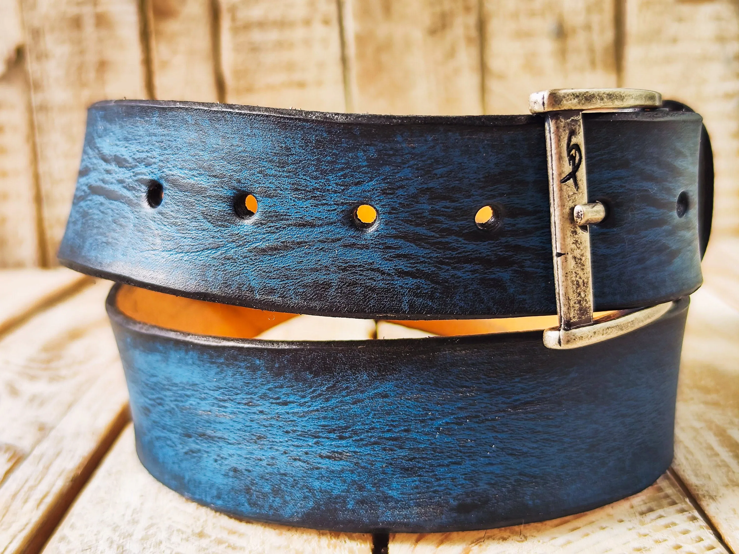 Handmade Blue  Black Leather Belt - 42cm Width Perfect for Jeans - Traditional Craftsmanship by Ishaor
