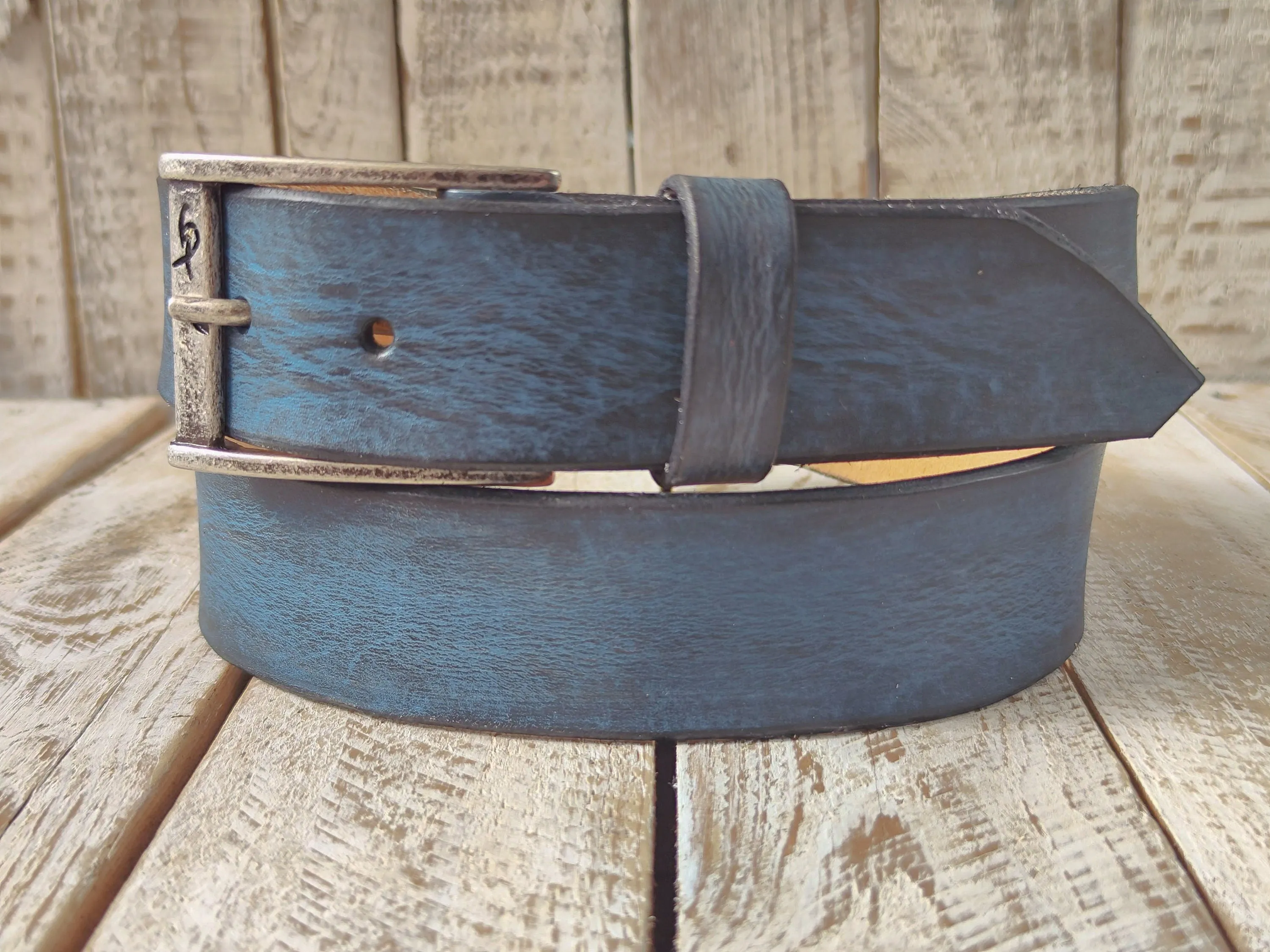 Handmade Blue  Black Leather Belt - 42cm Width Perfect for Jeans - Traditional Craftsmanship by Ishaor