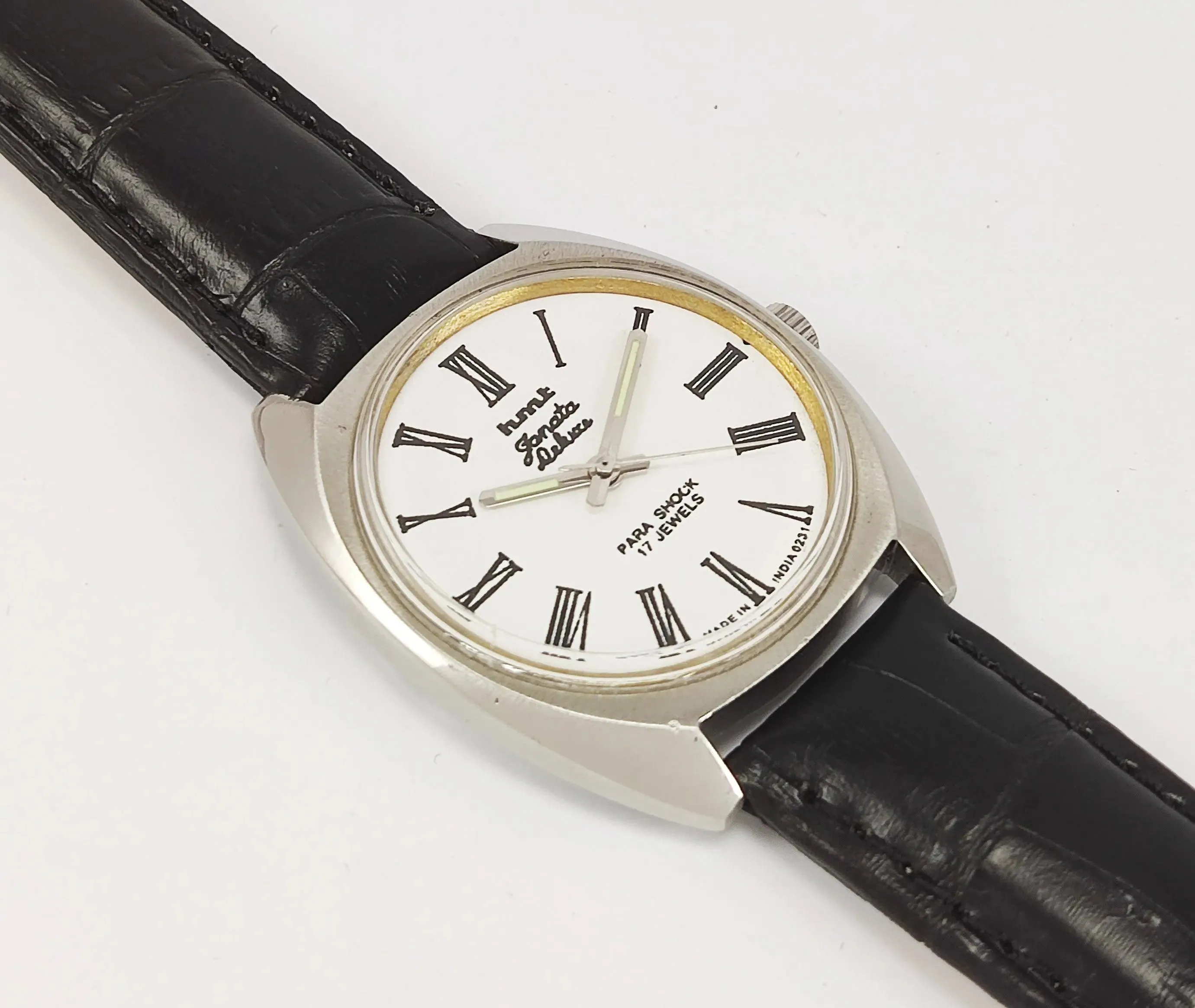 HMT Janata Deluxe Para Shock 17 Jewels White Dial Mechanical Hand winding Men's Wrist Watch 0231