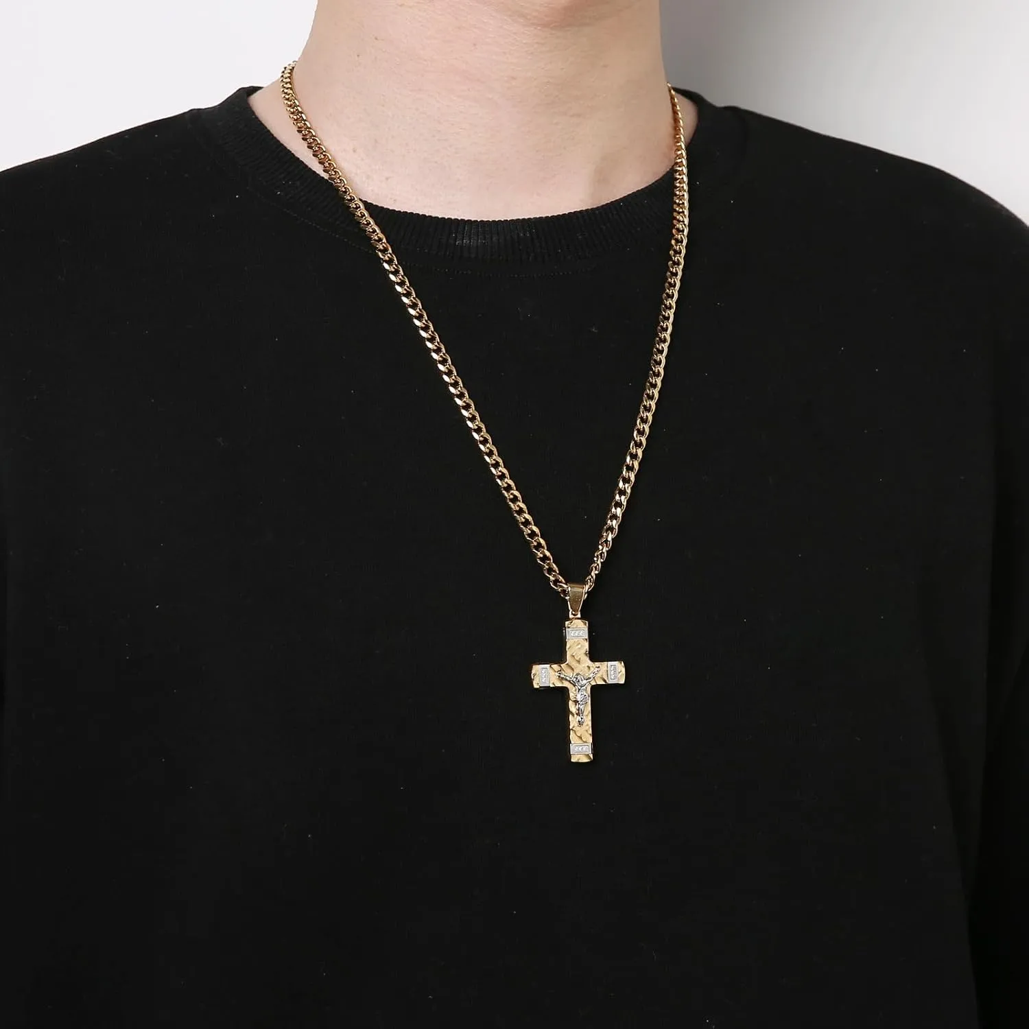 HZMAN Jesus Cross Necklace for Men Stainless Steel Small Crucifix Cross Necklace Pendant Christian Jewelry Gift with 24Inch Cuban Chain
