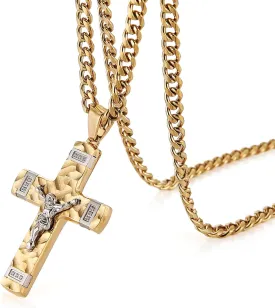 HZMAN Jesus Cross Necklace for Men Stainless Steel Small Crucifix Cross Necklace Pendant Christian Jewelry Gift with 24Inch Cuban Chain