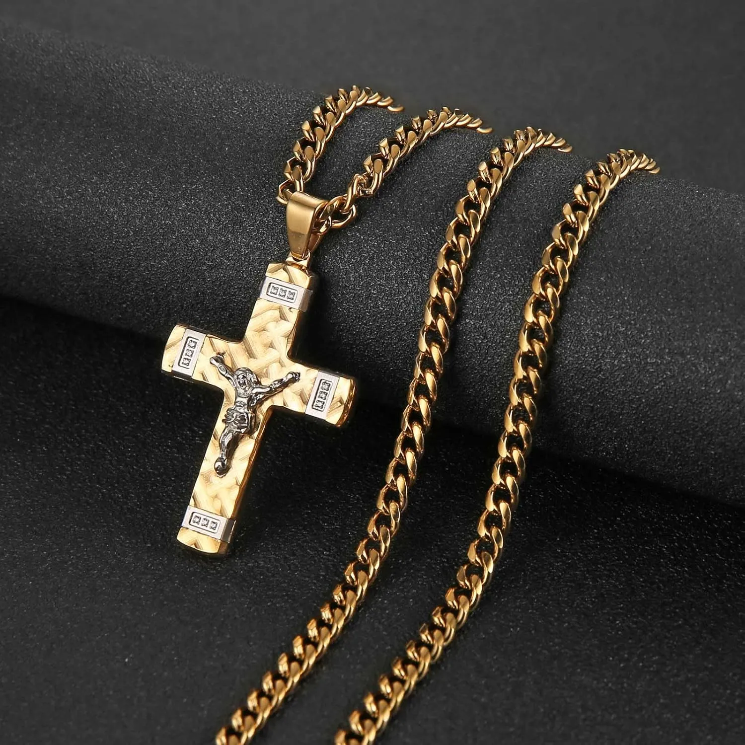 HZMAN Jesus Cross Necklace for Men Stainless Steel Small Crucifix Cross Necklace Pendant Christian Jewelry Gift with 24Inch Cuban Chain