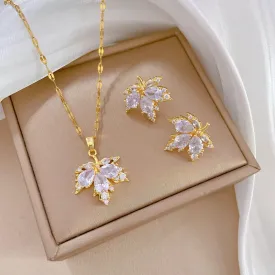 Inlaid Necklace Earring Set Light Luxury Maple Leaf Personality Temperament Banquet Earrings Clavicle Chain