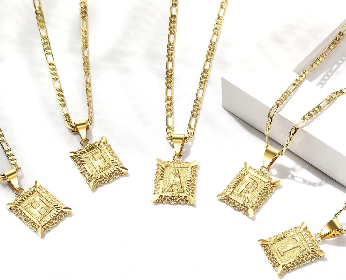 KissYan Initial Letter Pendant Necklace for Men Women, 14K Gold Plated Square Capital Monogram Necklace Alphabets from A-Z Figaro Chain Jewelry