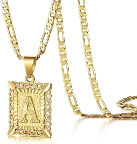 KissYan Initial Letter Pendant Necklace for Men Women, 14K Gold Plated Square Capital Monogram Necklace Alphabets from A-Z Figaro Chain Jewelry