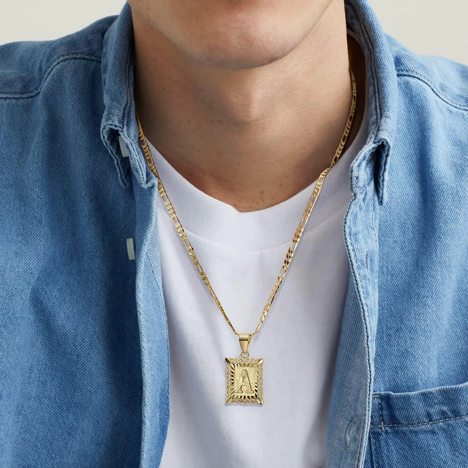 KissYan Initial Letter Pendant Necklace for Men Women, 14K Gold Plated Square Capital Monogram Necklace Alphabets from A-Z Figaro Chain Jewelry