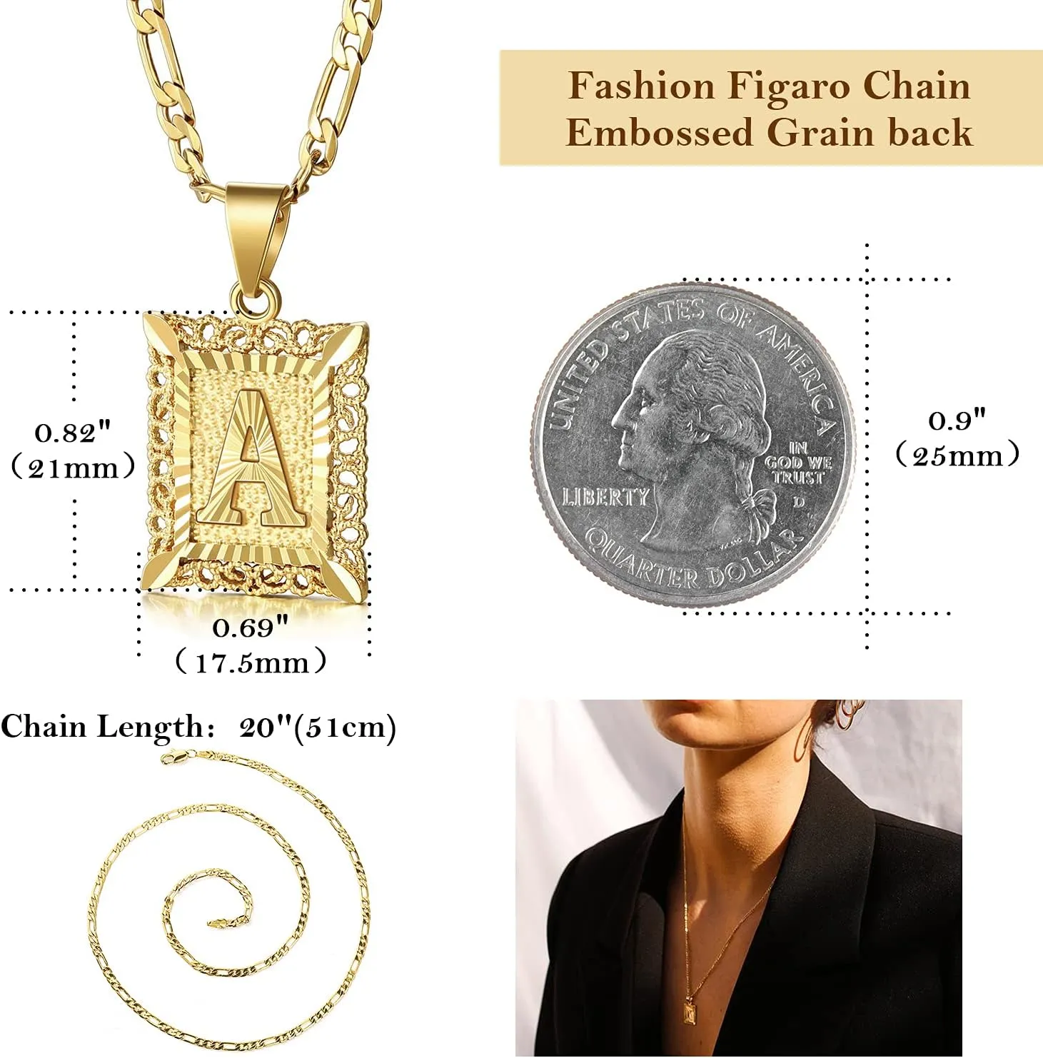 KissYan Initial Letter Pendant Necklace for Men Women, 14K Gold Plated Square Capital Monogram Necklace Alphabets from A-Z Figaro Chain Jewelry