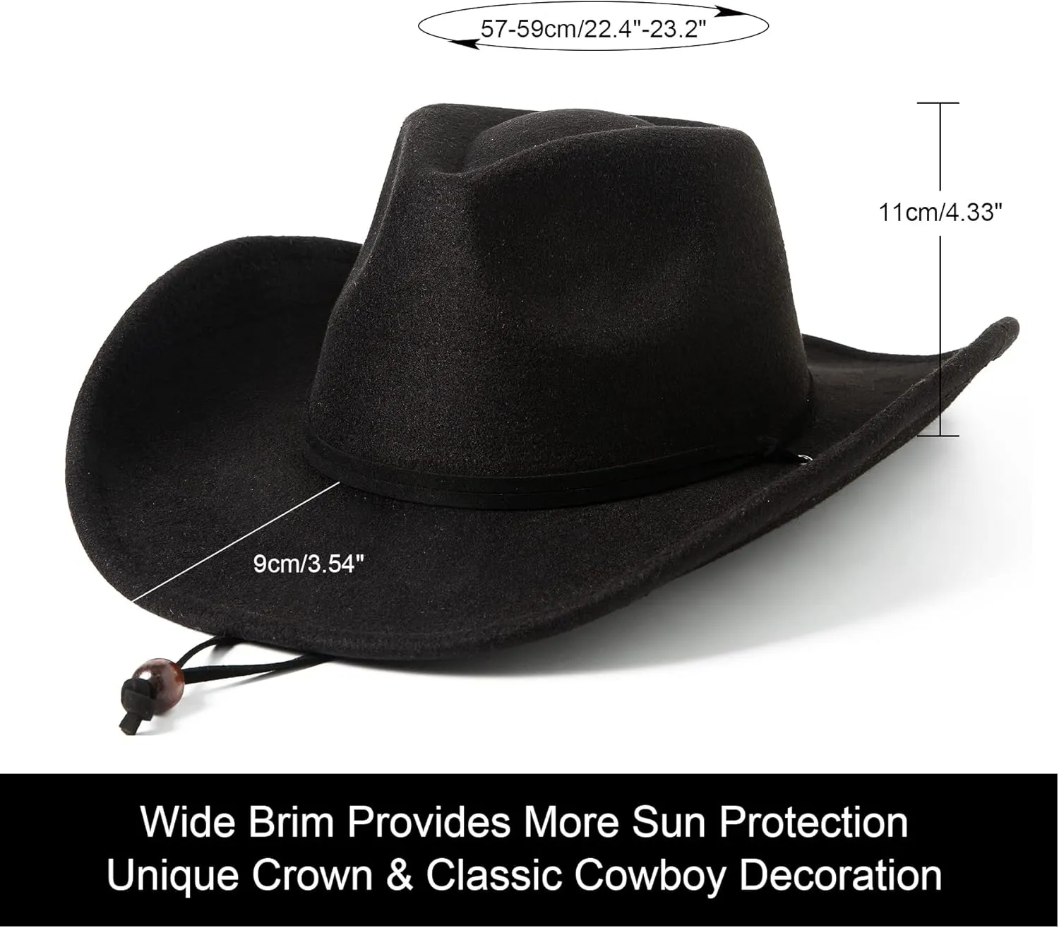 Lanzom Women Men Retro Felt Wide Brim Western Cowboy Cowgirl Hat Dress Up Hat with Wind Lanyard