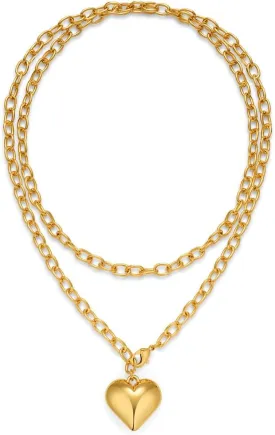 Layered Puffy Heart Necklaces For Women Gold And Silver Plated Heart Pendant Necklace Long Chain Necklace