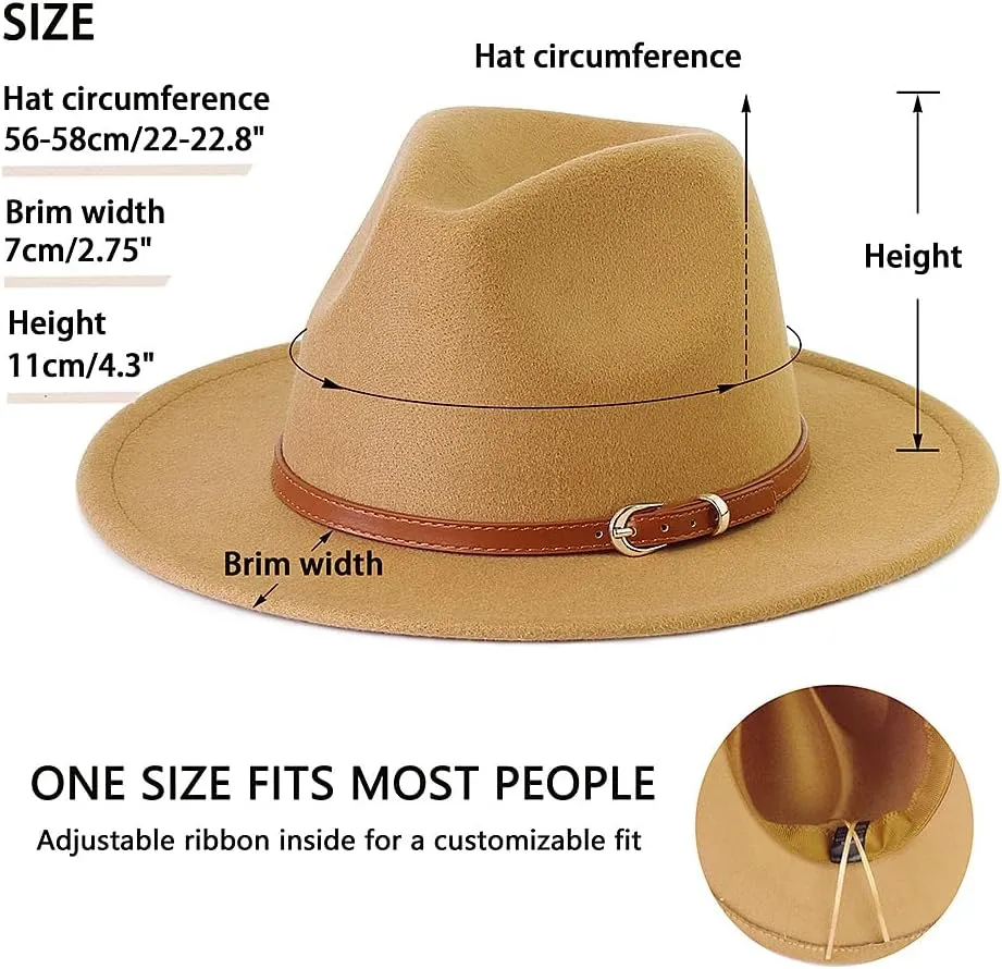 LolliWeaver Women Fashion Flat Wide Brim Teardrop Crown Felt Fedora Hat with Hat Belt