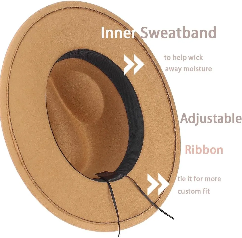 LolliWeaver Women Fashion Flat Wide Brim Teardrop Crown Felt Fedora Hat with Hat Belt