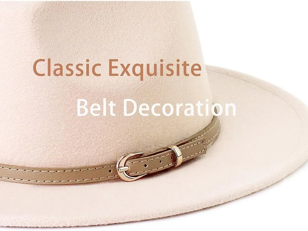 LolliWeaver Women Fashion Flat Wide Brim Teardrop Crown Felt Fedora Hat with Hat Belt