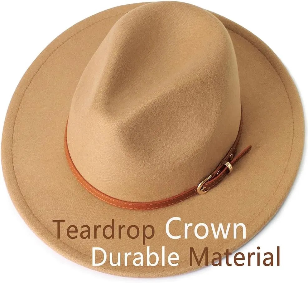 LolliWeaver Women Fashion Flat Wide Brim Teardrop Crown Felt Fedora Hat with Hat Belt
