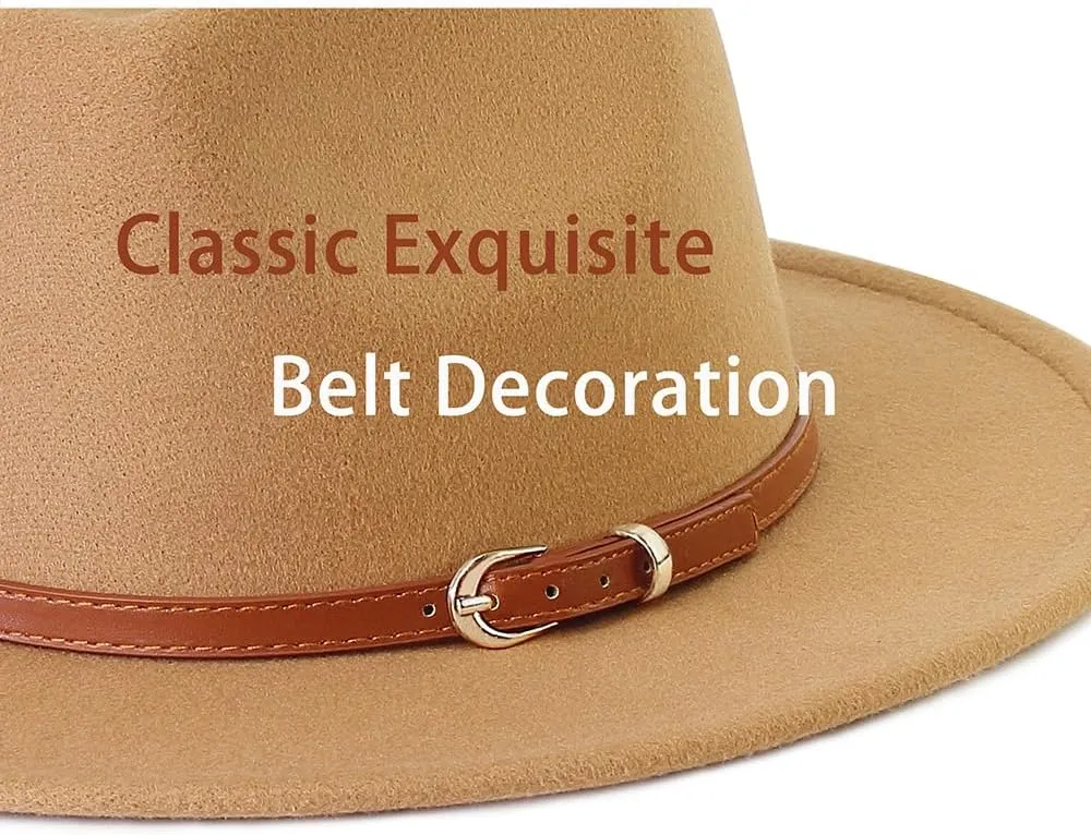 LolliWeaver Women Fashion Flat Wide Brim Teardrop Crown Felt Fedora Hat with Hat Belt